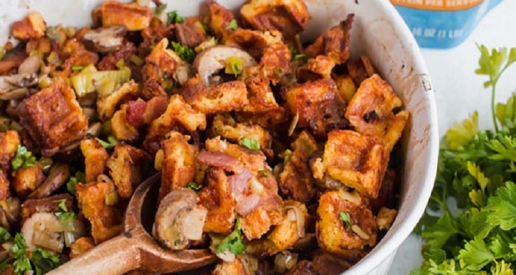 A casserole dish of keto chaffle stuffing for Thanksgiving