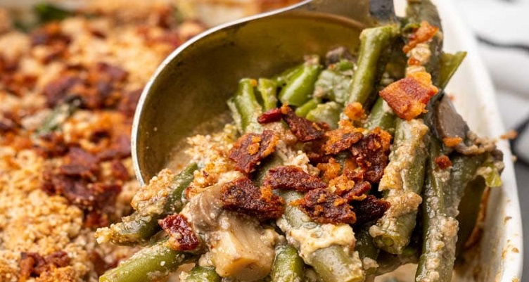A spoonful of keto green bean casserole with bacon