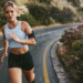 A woman jogging in the rain on a winding road