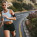 A woman jogging in the rain on a winding road