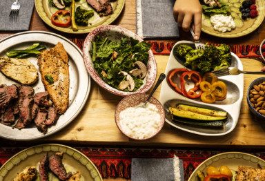 An overhead view of a Whole30-friendly feast