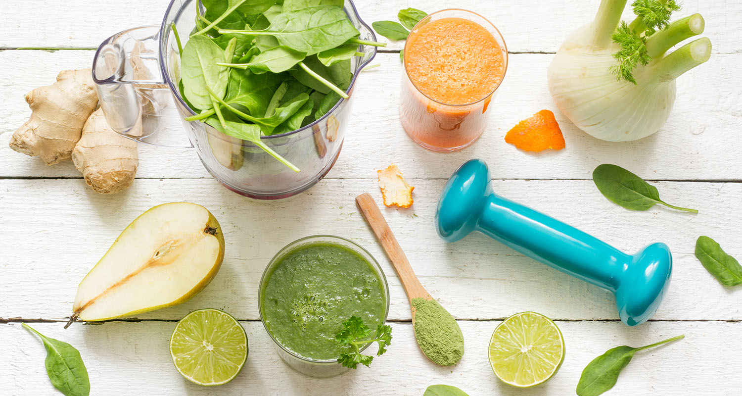 Fruit and vegetable smoothie ingredients and a freeweight