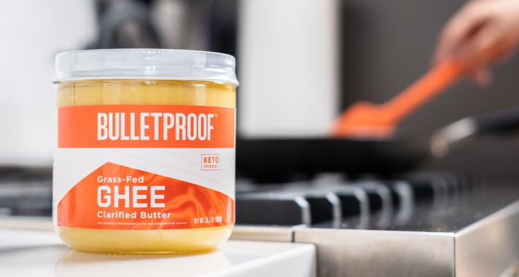 A tub of Bulletproof Grass-Fed Ghee in a kitchen