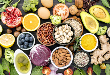 An overhead shot of plant-based foods