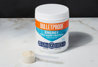 A tub of Bulletproof Energy Collagen Protein and a scoop on the counter