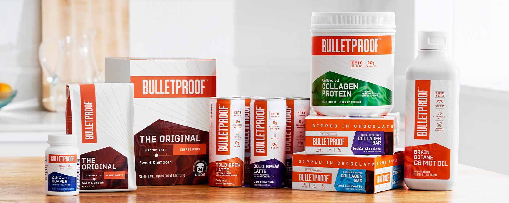 Bulletproof products showcased on tabletop