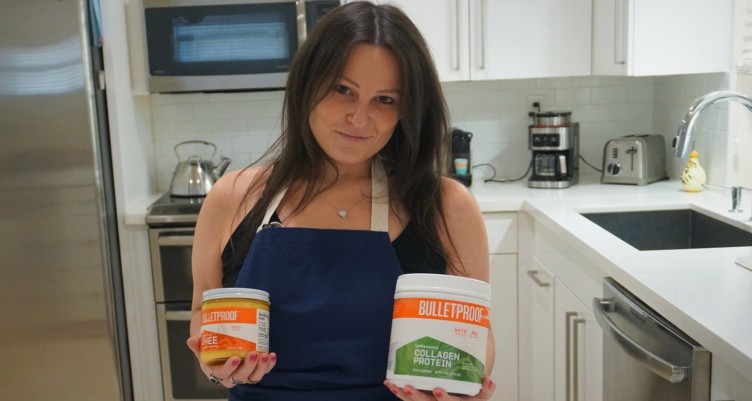 Tracy Block holding Bulletproof Grass-Fed Ghee and Unflavored Collagen Protein