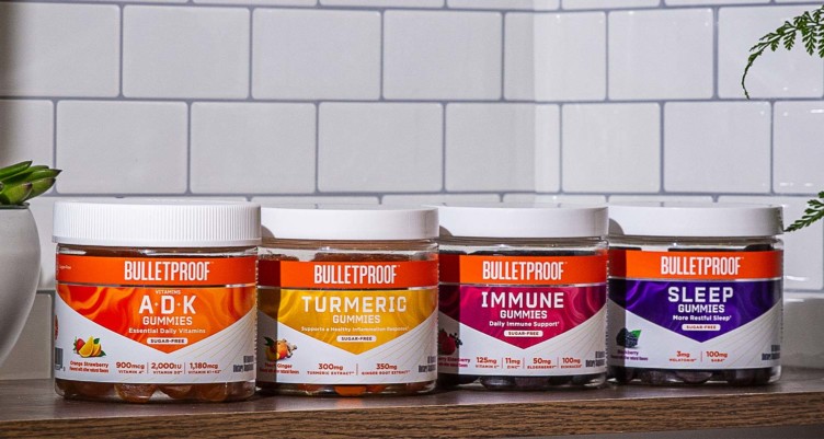 The Bulletproof Gummy Vitamin collection on a kitchen counter