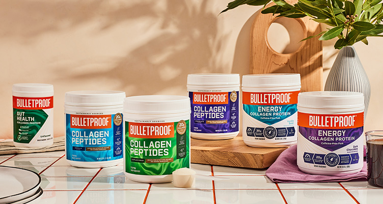 a variety of collagen peptide containers sit on a counter