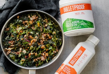 Southern-style collard green recipe made with Bulletproof Brain Octane C8 MCT Oil and Bulletproof Unflavored Collagen Protein