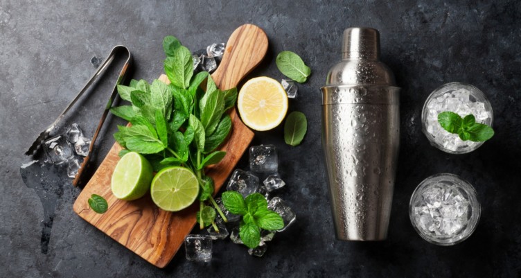 An overhead shot of mojito cocktail supplies