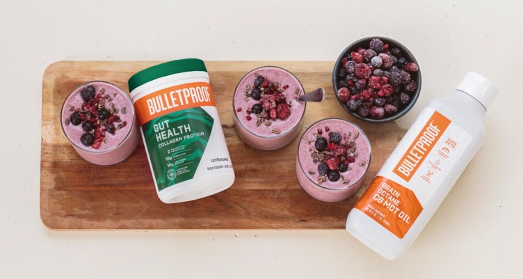 Bulletproof Gut Health Collagen Protein and Bulletproof Brain Octane C8 MCT Oil used to make berry smoothie