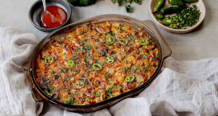 large casserole dish of Keto Buffalo Chicken Casserole