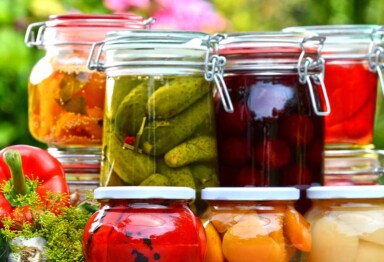 Jars stacked with pickled vegetables