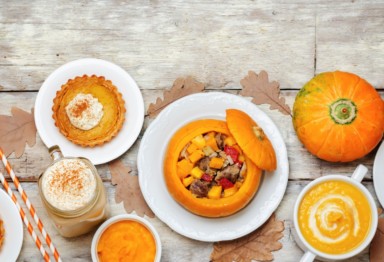 An overhead shot of fall foods with pumpkin