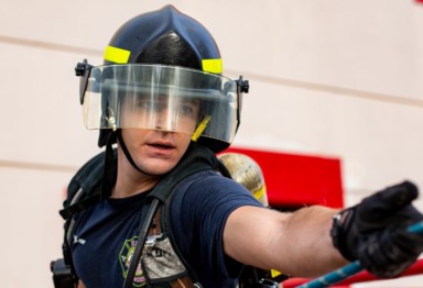 A close-up shot of a firefighter