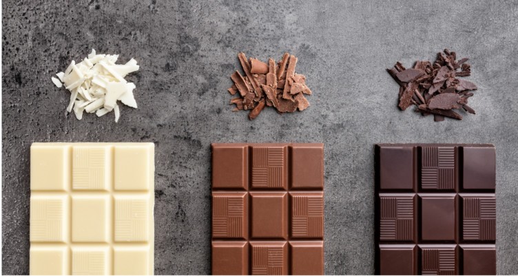 Bars of white, milk and dark chocolate