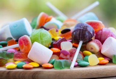 Display of candies and other sugary snacks.