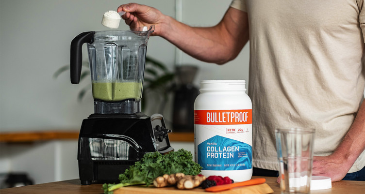 Man making smoothie with Bulletproof Vanilla Collagen Protein.