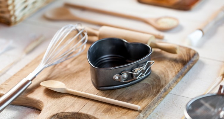 Heart-shaped baking pan and other baking tools.