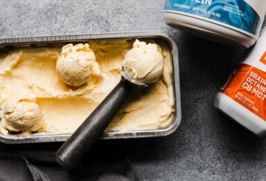 A fresh batch of Bulletproof coconut ice cream with a scooper