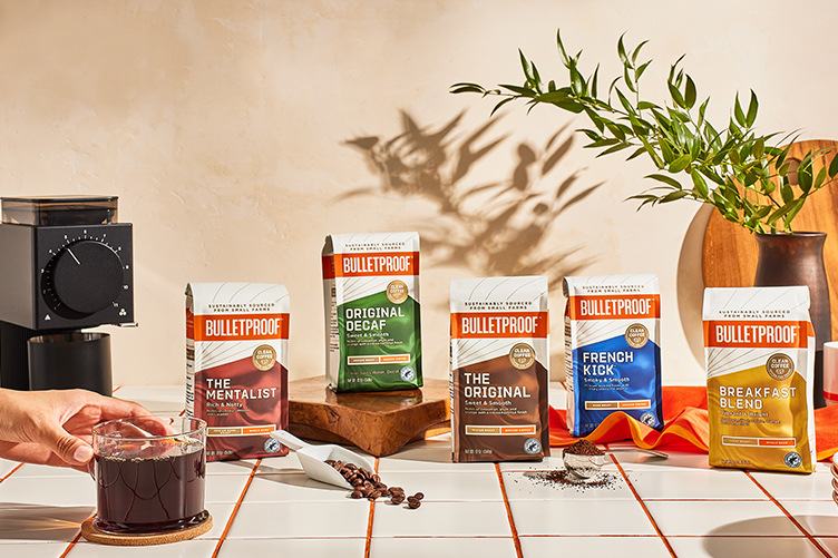 Bulletproof Whole bean coffee family laid on kitchen table