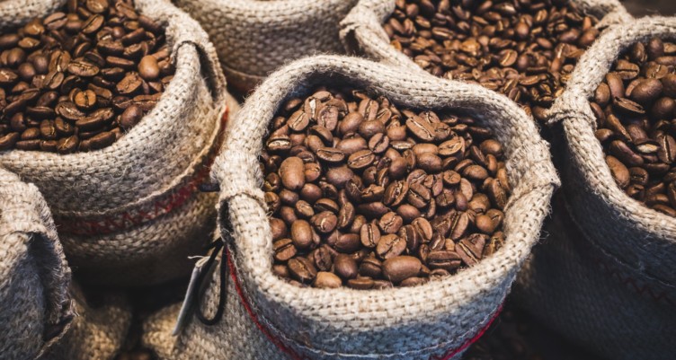 Coffee beans in bags.