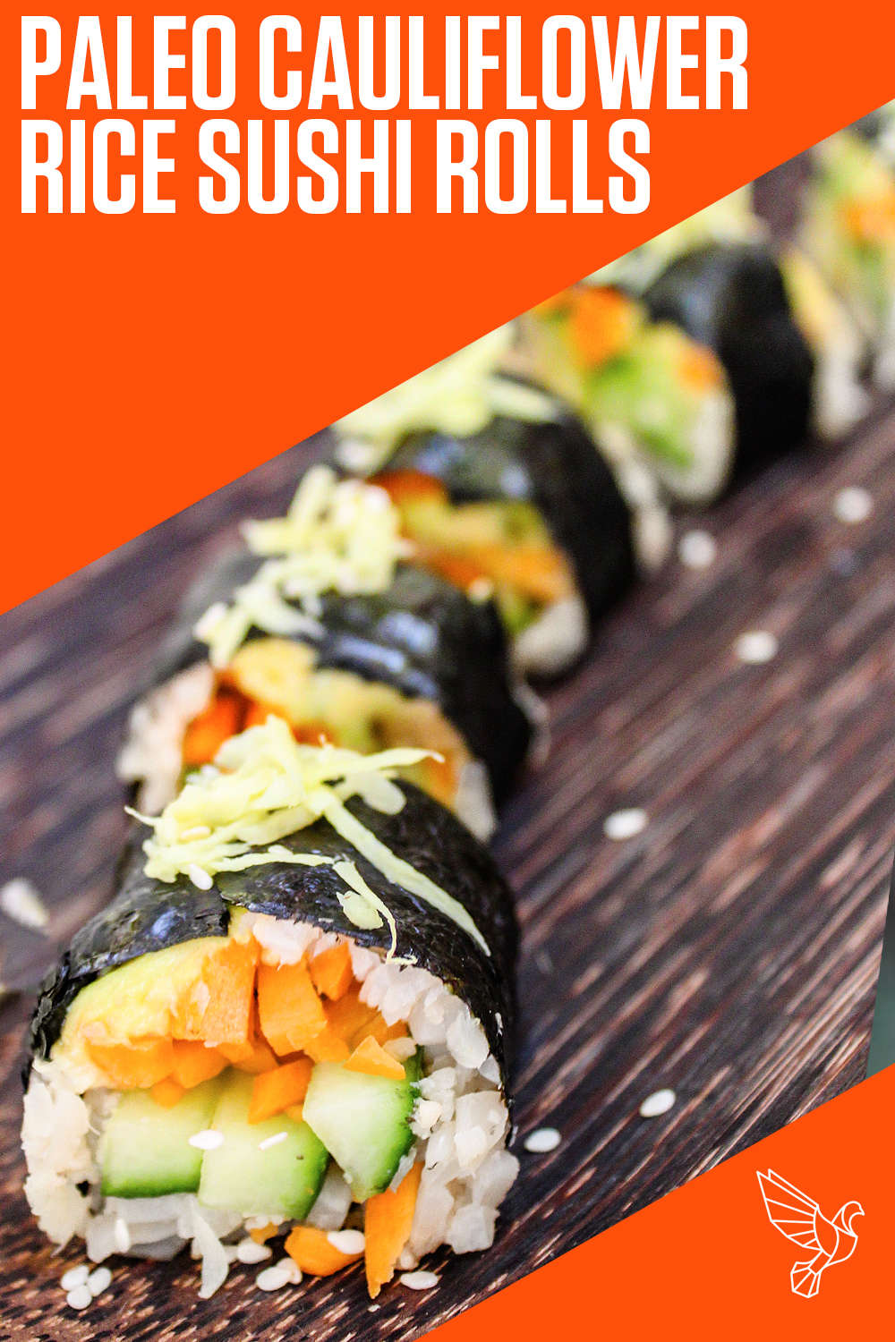 Paleo cauliflower rice sushi roll Pinterest card