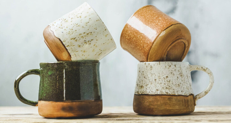 group of handmade ceramic mugs stacked on top of one another