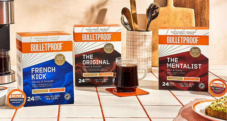 a variety of bulletproof coffee pods with a mug of coffee