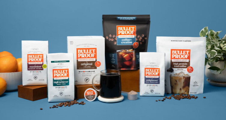 Bulletproof coffee bags on blue background