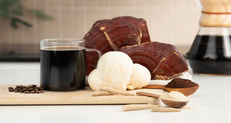 Functional mushrooms on counter next to cup of black coffee