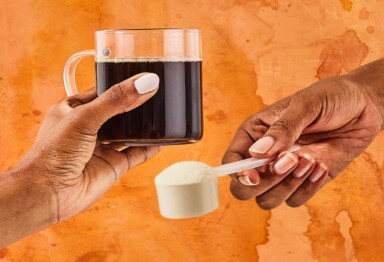 a cup of coffee in a hand and a scoop of collagen powder in another hand with an orange background