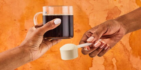 a cup of coffee in a hand and a scoop of collagen powder in another hand with an orange background
