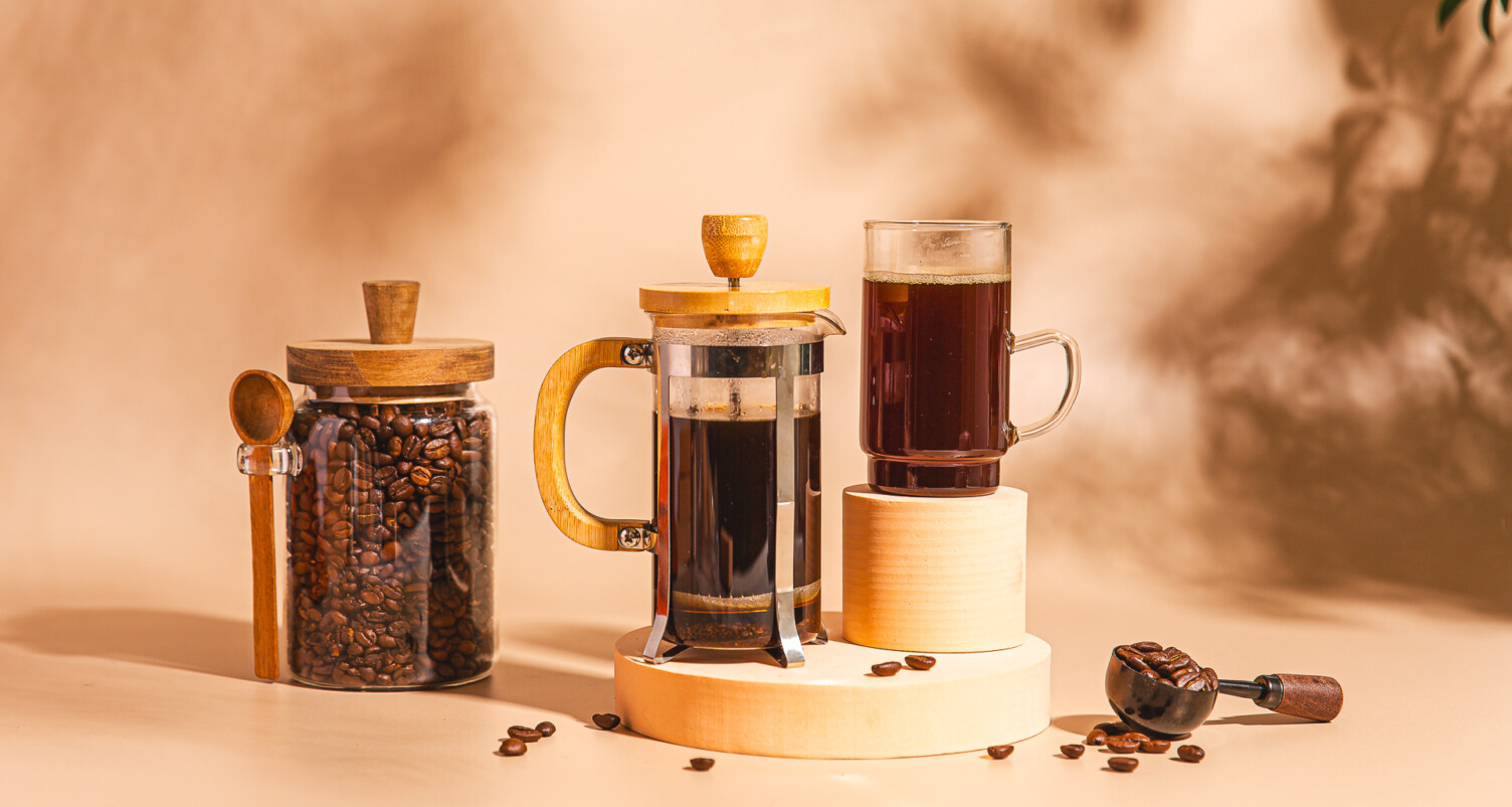 coffee beans and french press coffee