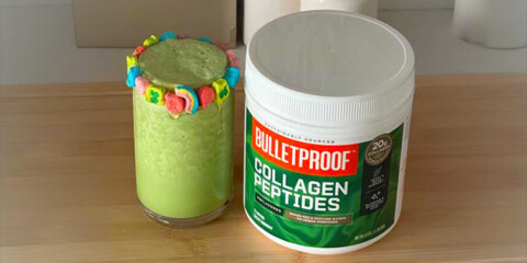 Shamrok shake beside a container of collagen peptides