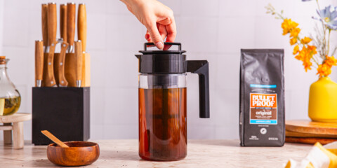 Bulletproof Cold brew brewed in cold brew coffee maker on kitchen counter