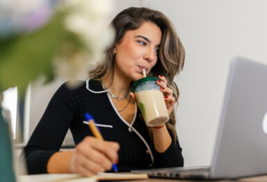 healthy happy person having a protein shake/smoothie