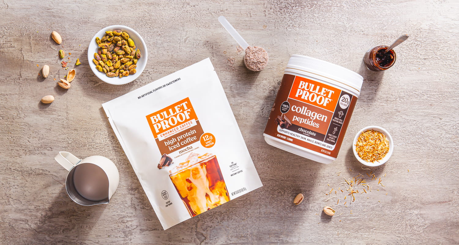 ingredients for dubai chocolate protein iced latte