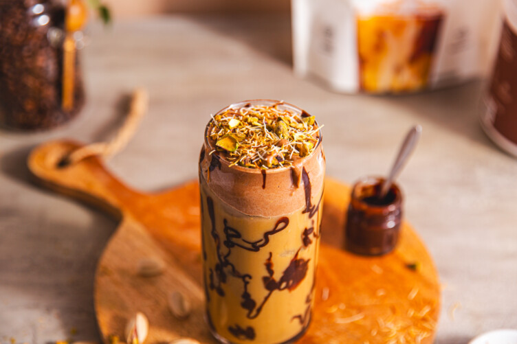 Dubai Chocolate Protein Iced Latte with Pistachio Milk