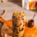 closeup of dubai chocolate protein iced latte
