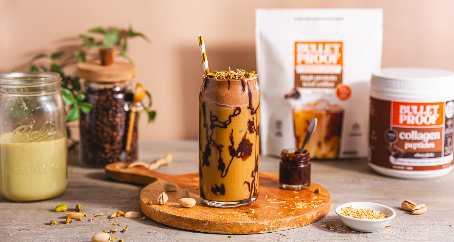 ingredients for bulletproof dubai chocolate protein iced latte