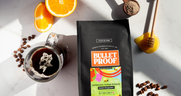 Bulletproof cardamom, orange and honey packaging shot overhead