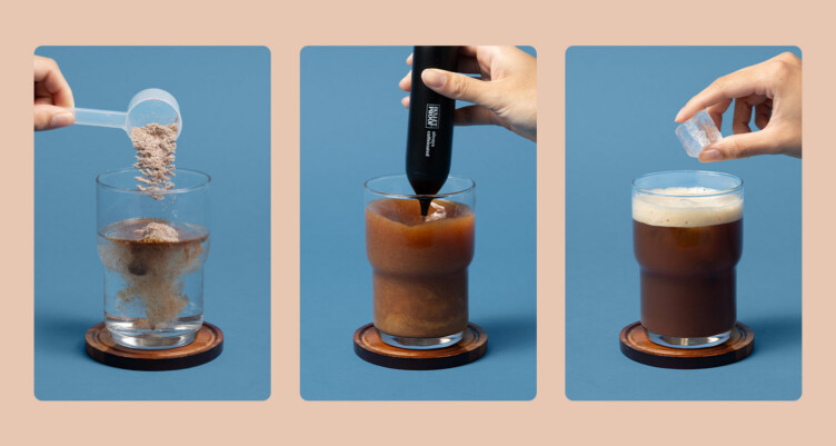 Hands pouring and frothing Bulletproof coffee + creatine into water with ice