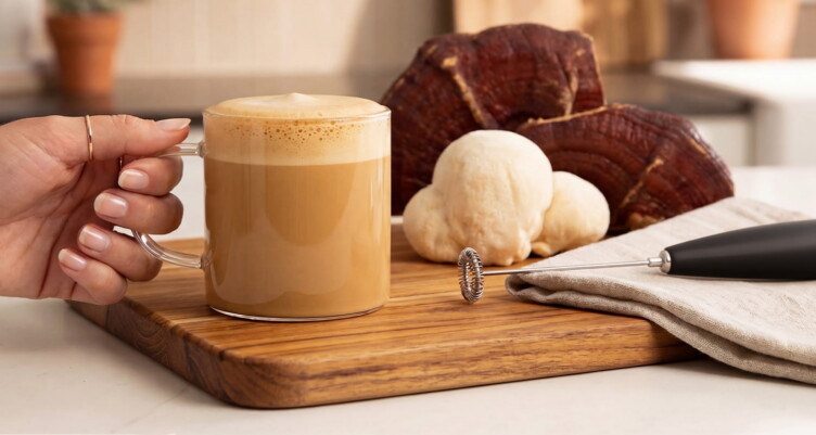 Latte in glass mug next to functional mushrooms on table