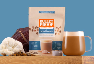 Bulletproof mood booster mushroom latte packaging and latte