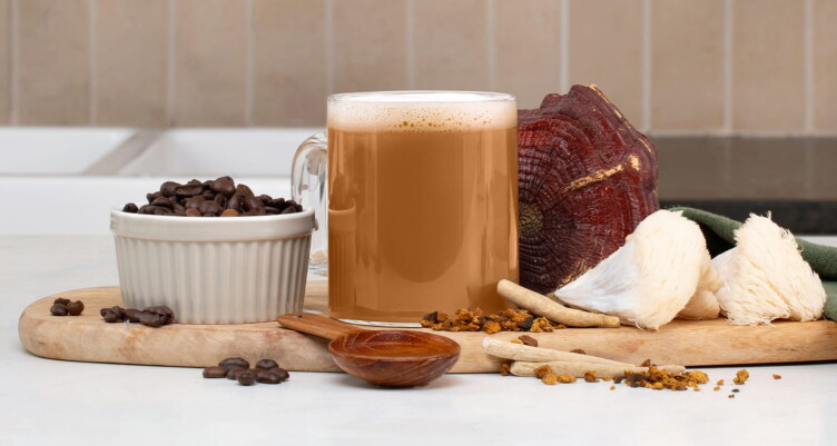 Latte on counter with functional mushrooms